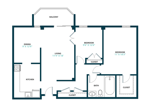 Floor plan for 2 beds, 1 bath, 1000 sqft